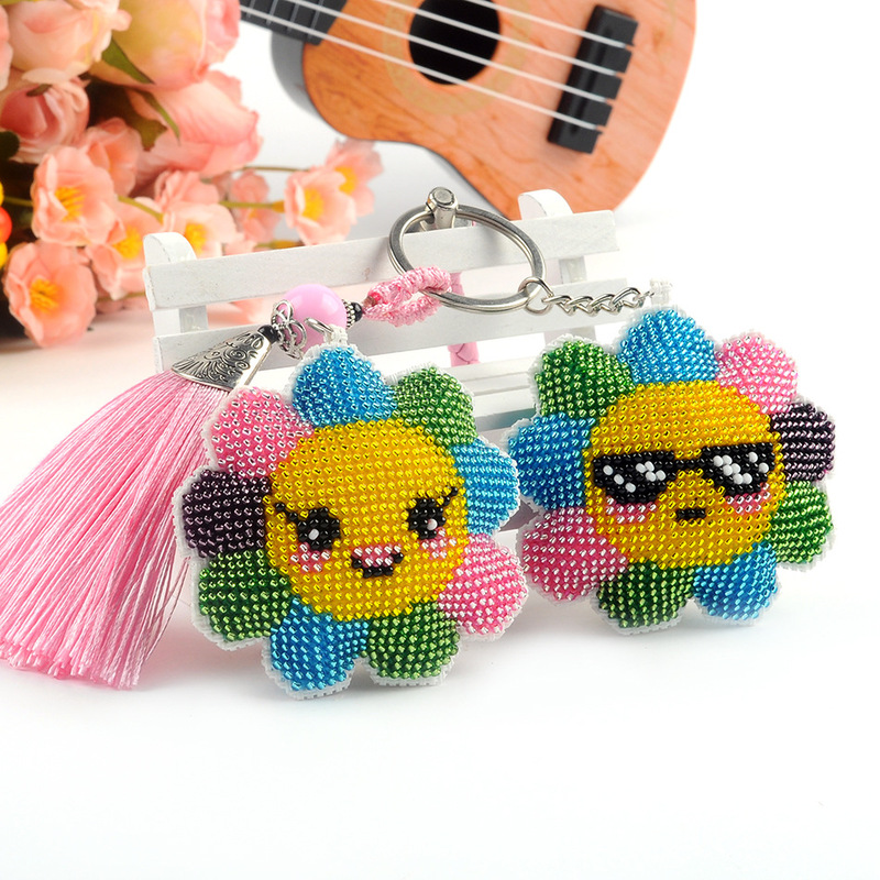 Precision printing small lattice beaded key chain pendant cross-stitch handmade beaded material bag colorful flowers sunflower
