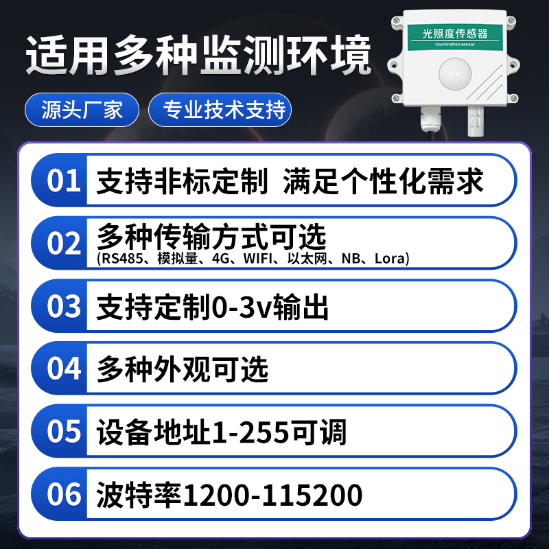 光照度传感器照度亮度计温湿度变送器工业485吸顶日照时数检测仪