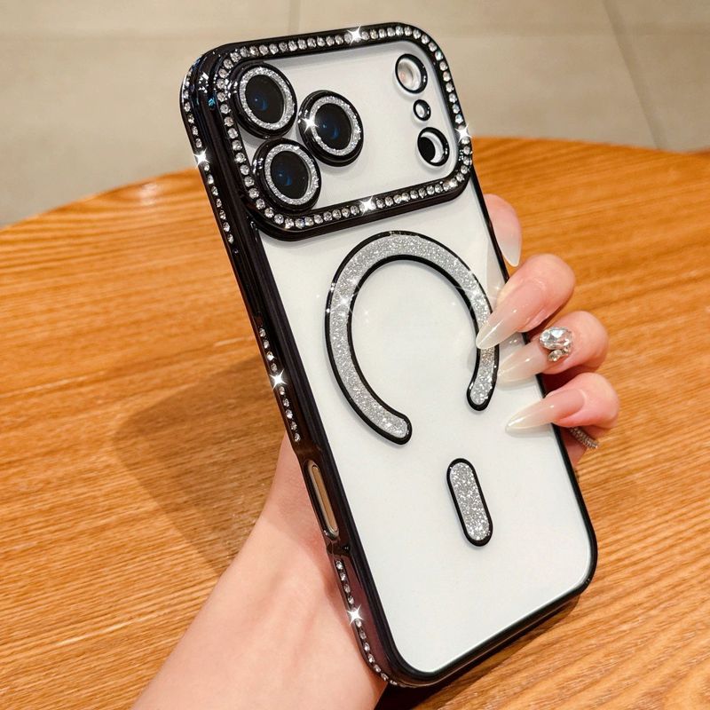 适用iPhone17Pro边钻磁吸电镀透明手机壳苹果16闪粉镜头膜保护套|undefined