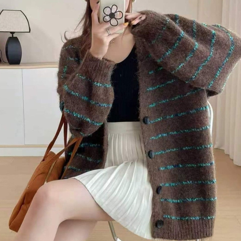 亚马逊跨境欧美风新款条纹针织开衫时尚外贸宽松慵懒风毛衣女外套|undefined
