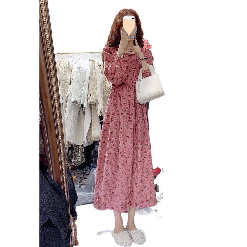 2025 新コーデュロイ花柄甘い股カバーロングスカート秋の女性のスリムハイウエスト妖精ローズドレス|undefined
