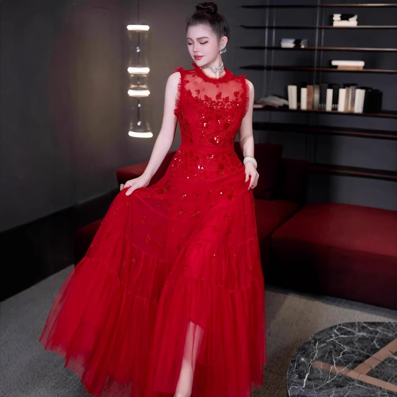 Retro Lace Splicing Mesh Dress for Women, Bright Sequin Embellished Sleeveless Long Dress, Party Birthday Dinner Gown