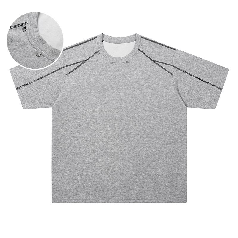 Men's Summer American Trendy Brand Five-Quarter Sleeve T-Shirt with Rivets and Exposed Stitching
