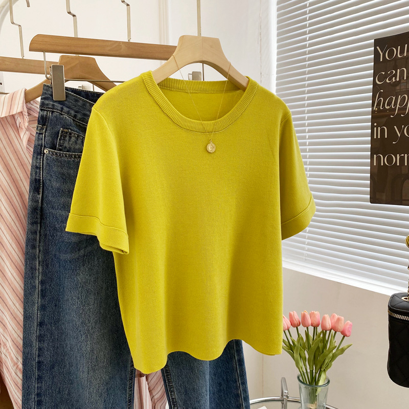 2023 Summer New Tencel Lyocell Simple Atmospheric Round Neck Short Sleeve Knit Solid Color Top 2052