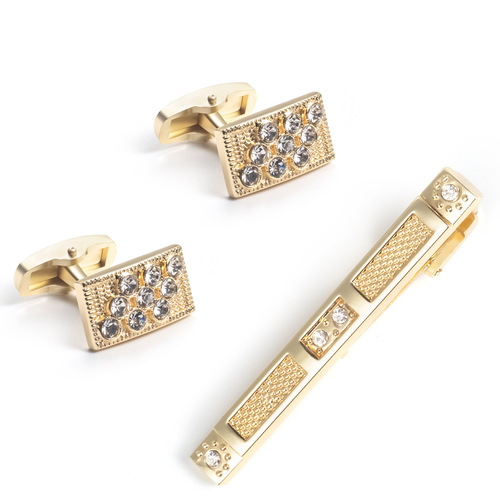 High-end Diamond-embellished Gold Tie Clip and Cufflinks Set French Metal Alloy Cufflinks Copper Tie Clip Wholesale