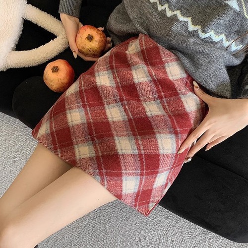 Grid wool blend half-length skirt early autumn winter women's bustier mini skirt high-waisted A-line petite spring