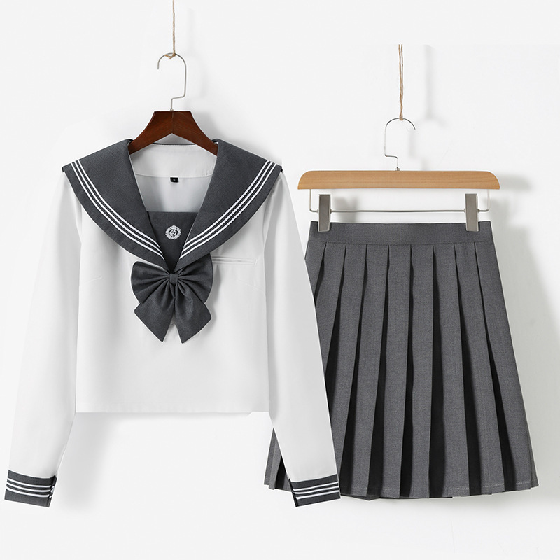 Japanese Embroidery Grey Three Japanese JK Uniform Academy Style Sailor Suit Academy Style Spring and Autumn Long Sleeve Pleated Skirt Set