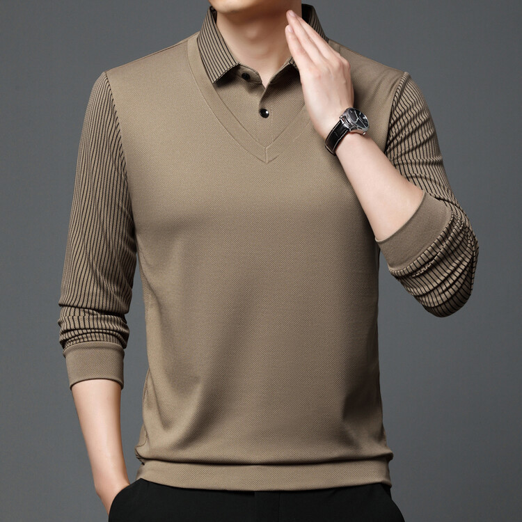 Spring and Autumn Men's Fake Two-Piece Long-Sleeved T-Shirt Men's Business Casual Middle-Aged Striped Polo Shirt Base Layer Top Men's Clothing