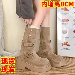 Inner Height Increasing Martins Boots Women's 2024 Autumn and Winter New Vintage Suede Two-Wearing Thick Bottom Belt Buckle Thick Heel Round Head Middle Tube