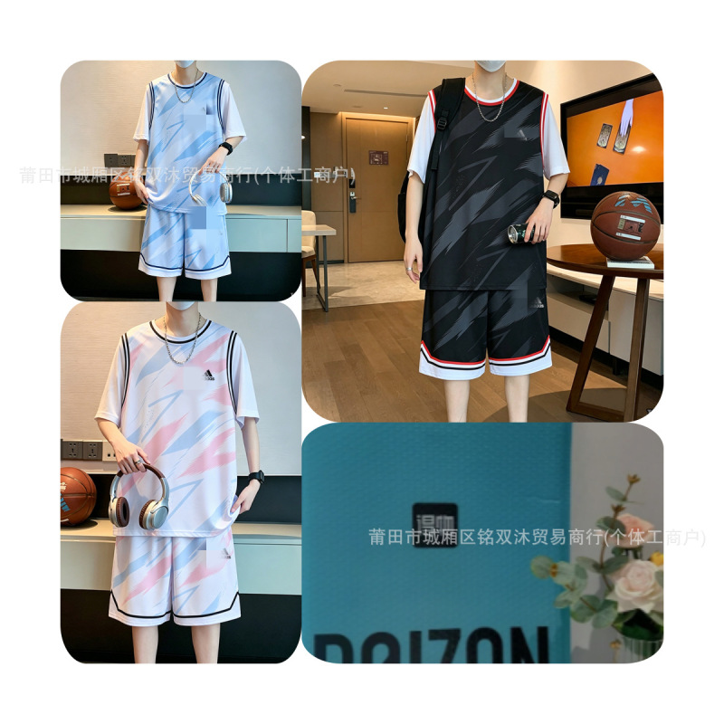 Foreign Trade Summer Adidas Trefoil Three-Stripe Ice Silk Quick-Dry Vest Basketball Sports Short-Sleeve T-Shirt Set for Men and Women