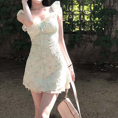 フレンチスイートミントグリーン花柄ドレス女性の夏の新しいスタイル美しい小さなフライングスリーブレースウエストスカート|undefined