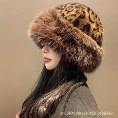 蒙古帽加厚保暖秋冬季盆帽仿貂毛女士护耳地主帽高级感豹纹蒙古帽