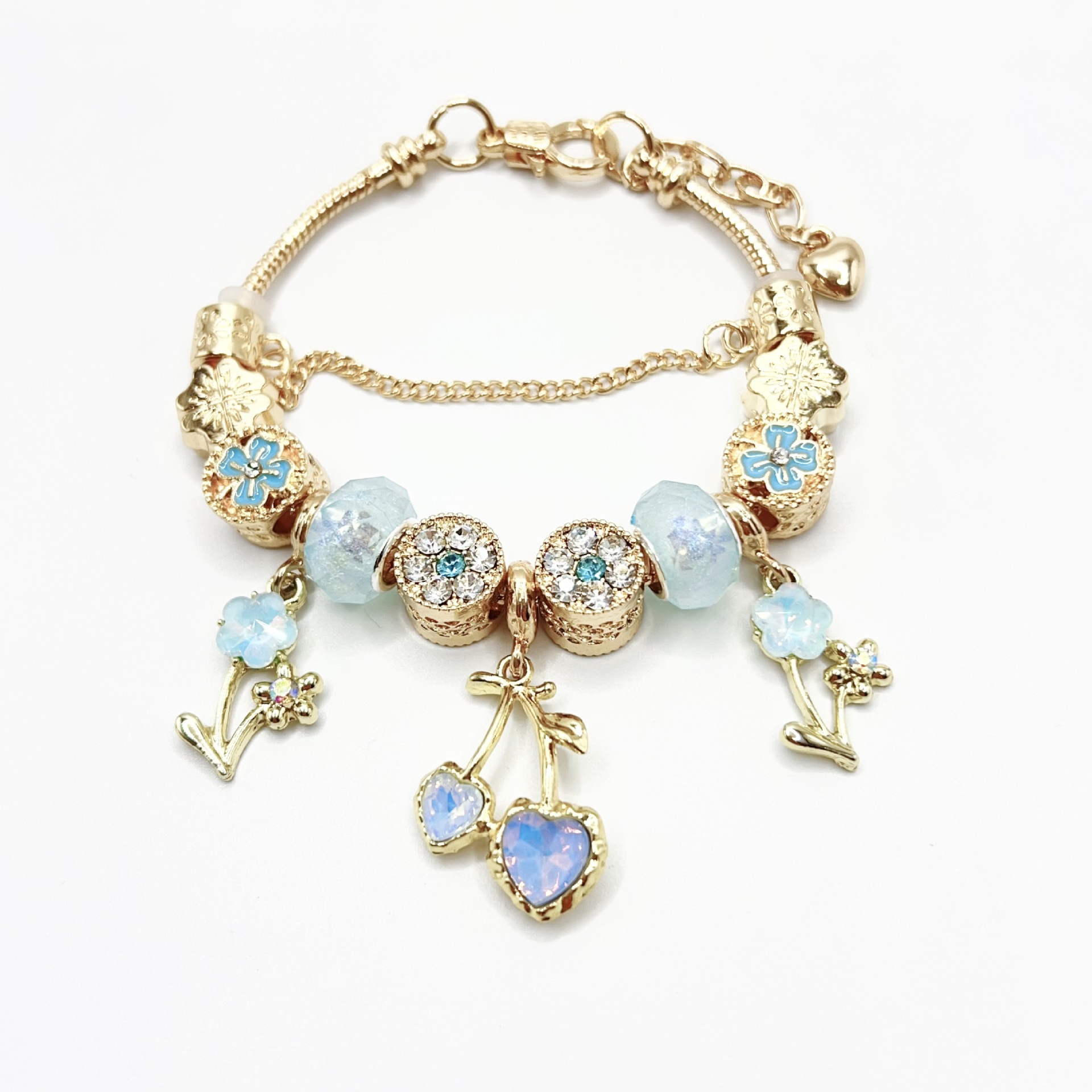 Cherry Blossom Bracelet Gold Blue Adjustable Floral Bangle_voghion.com