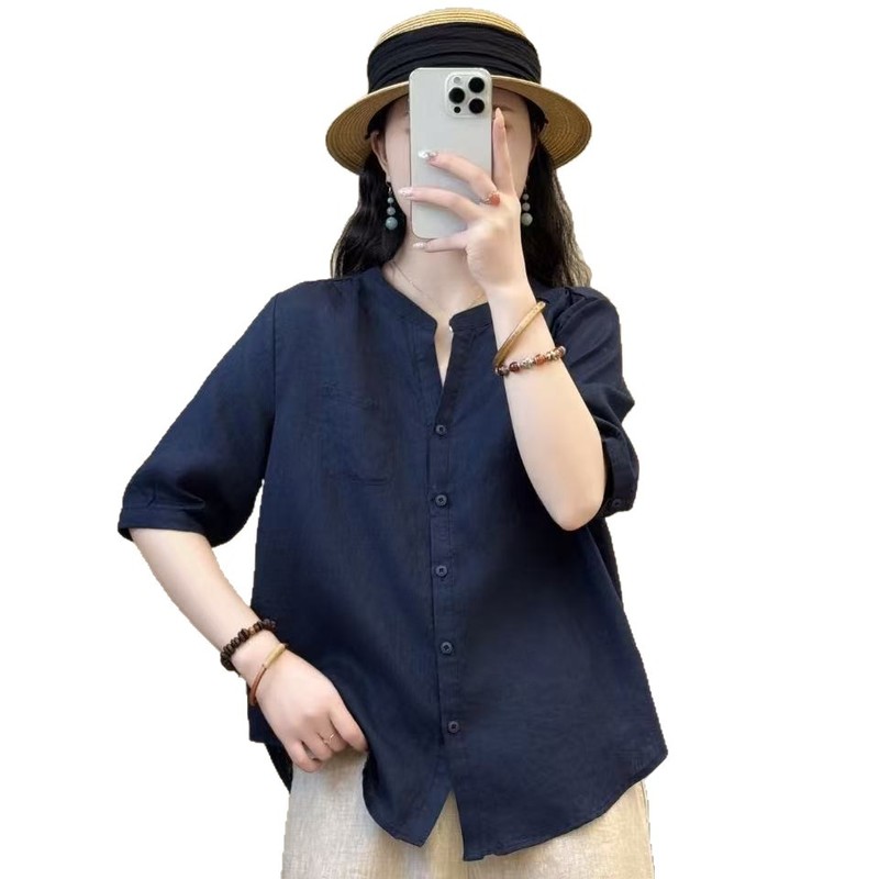 リネン半袖ピュアシャツシングルブレストスリムシャツ夏の新しい女性のためのゆったりとした多用途カーディガン|undefined
