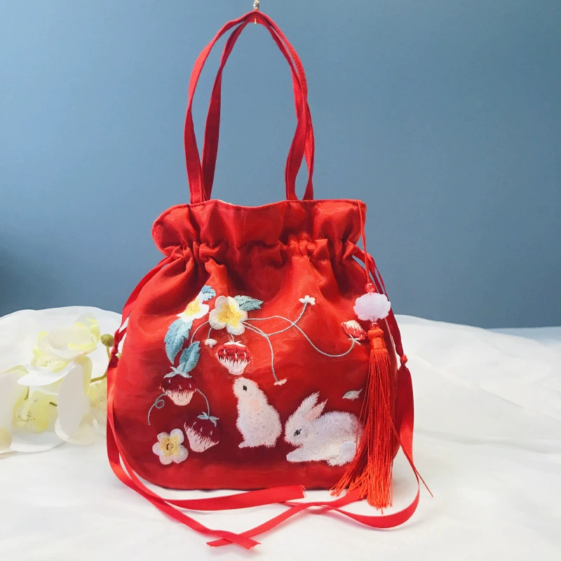 Handheld Hanfu Drawstring Bag, Embroidered Tassels, 22×22 cm, Handmade Accessory