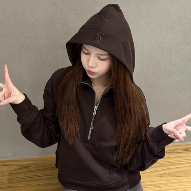 【Peach Sister】Lulu's Same Style Scuba Series Half-Zip Loose Hooded Sweatshirt, Brushed, Fashionable and Versatile