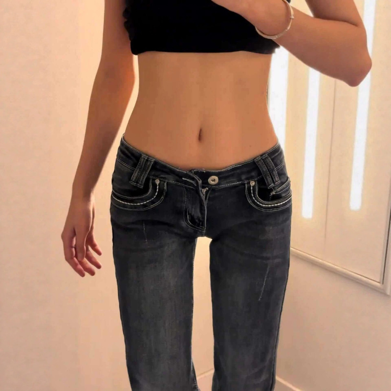 Stretchy Dark Blue Low-Waist Flared Jeans with a Stylish Design for Women, Slim Fit, New Summer Style Long Pants Stretchy Dark Blue Low-Waist Flared Jeans with a Stylish Design for Women, Slim Fit, New Summer Style Long Pants