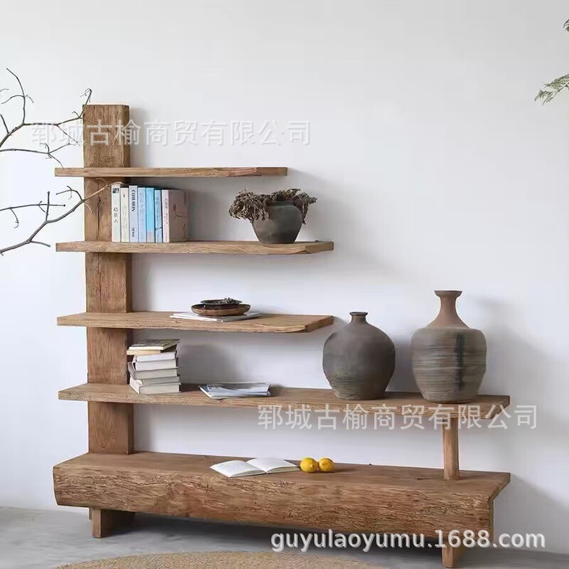 Old Elm Wood Display Rack for Antique Items, Tea Sets, Solid Wood Multi-Layer Floor-Standing Bookshelf, Pottery Storage Rack Old Elm Wood Display Rack for Antique Items, Tea Sets, Solid Wood Multi-Layer Floor-Standing Bookshelf, Pottery Storage Rack