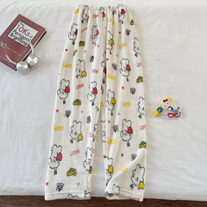 Invierno nuevo pantalones cálidos de franela estilo de caricatura coreano para mujeres más grueso y terciopelo cálido para el hogar pijamas de lana se pueden usar fuera