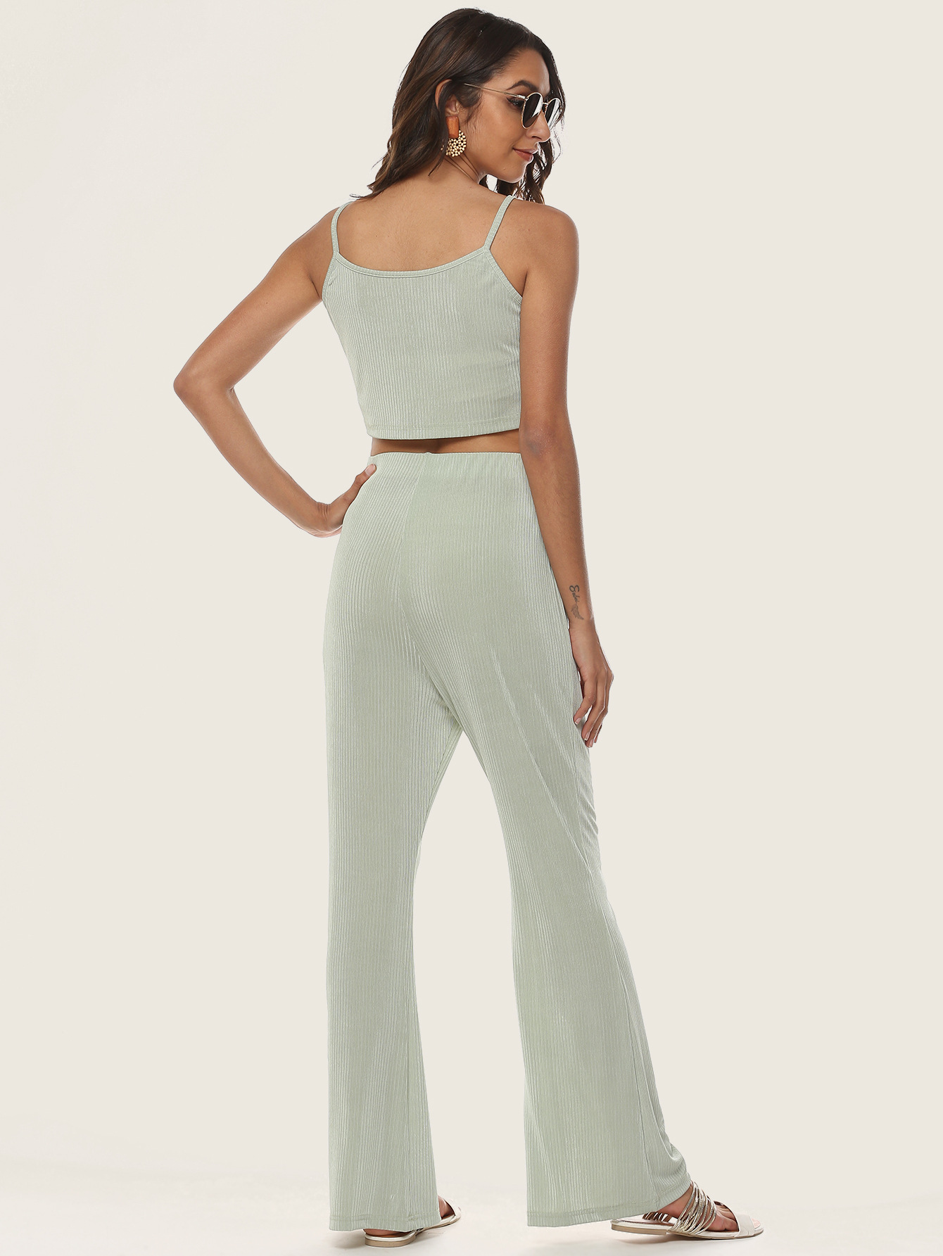 button solid color sling high waist wide-leg vest and trousers set NSOY132440