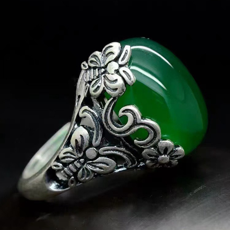 Vintage Silver Butterfly Flower Ring For Women Adjustable Jade_voghion.com