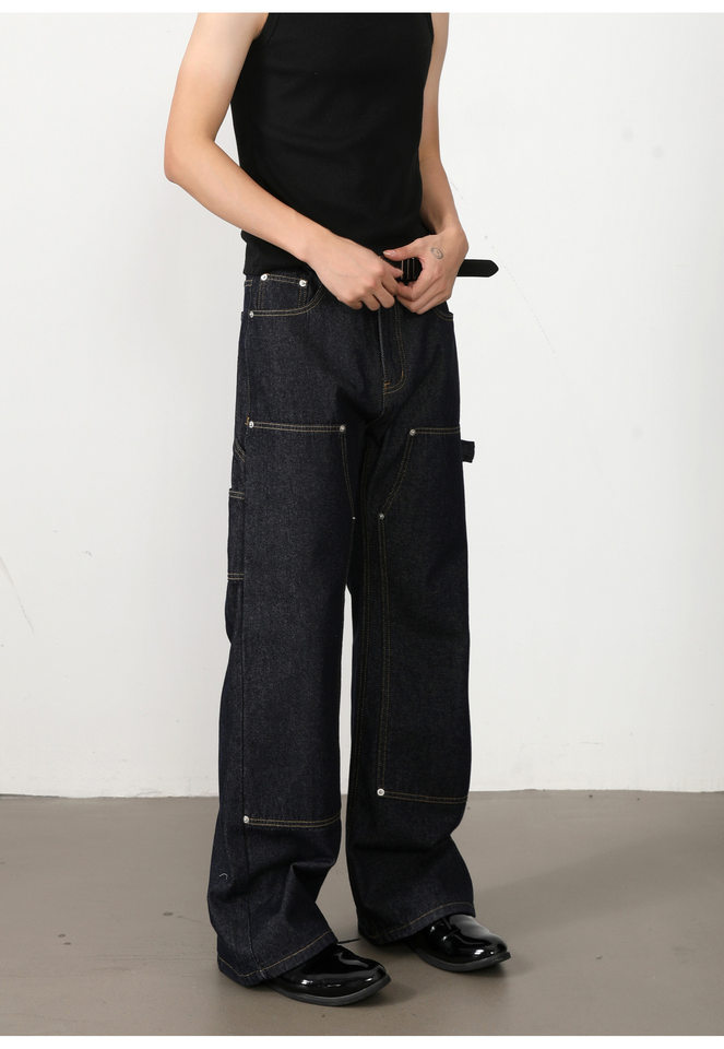 Quần jean nam ống loe nhẹ dáng chữ A phong cách đường phố, cạp vừa, dài — Xanh denim chi tiết 12