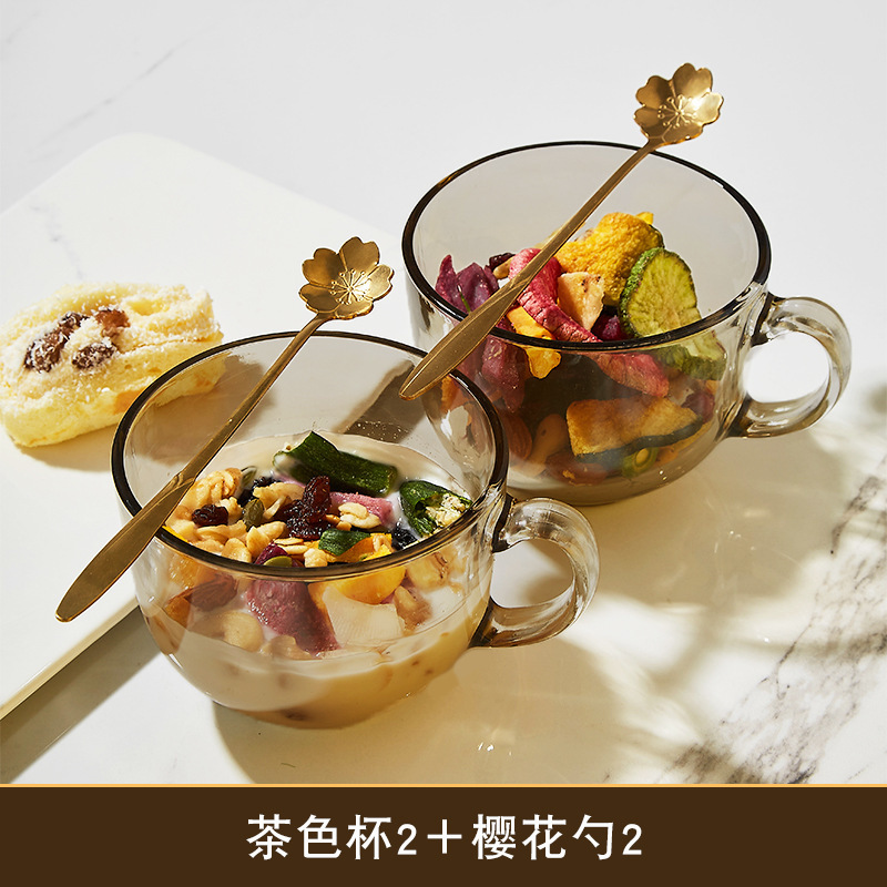 2 brown breakfast cups + 2 cherry blossom spoons