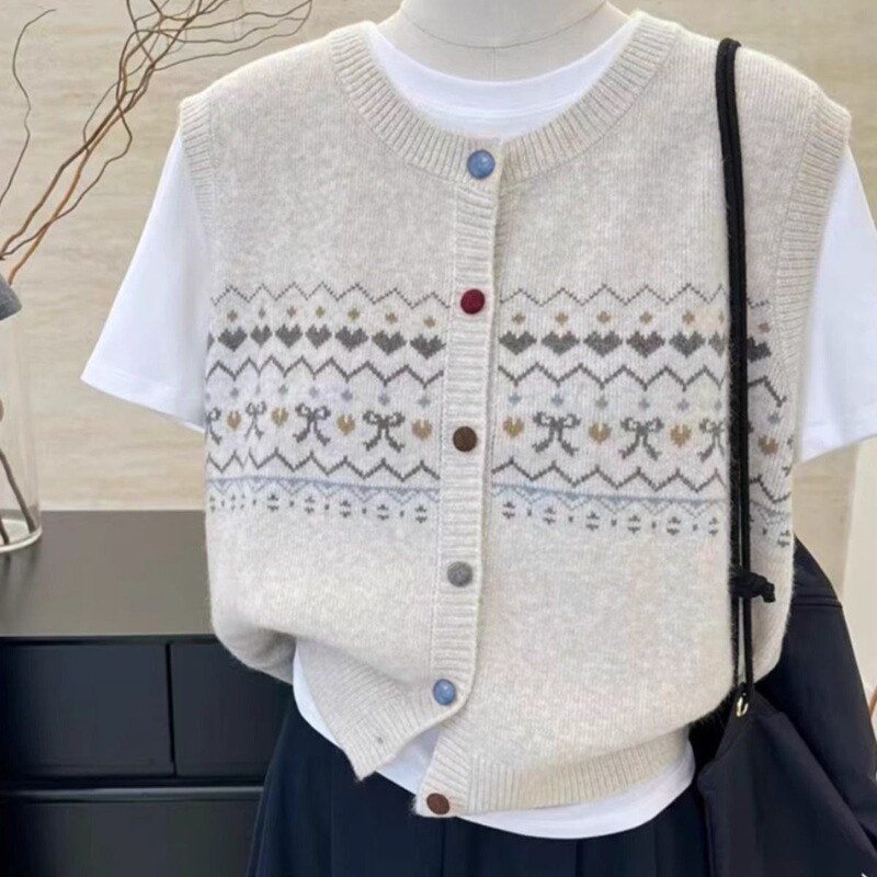 【Yangyang Family】Women's Knitted Sweater Vest Cardigan, Jacquard Versatile Top, Sleeveless Sweater, Layered Vest