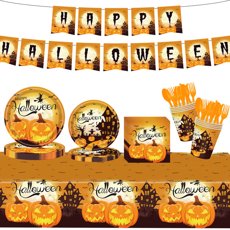 25新しいハロウィーンカボチャのテーマパーティーの食事シーン装飾PEテーブルクロス紙皿紙コップタオルセット|undefined
