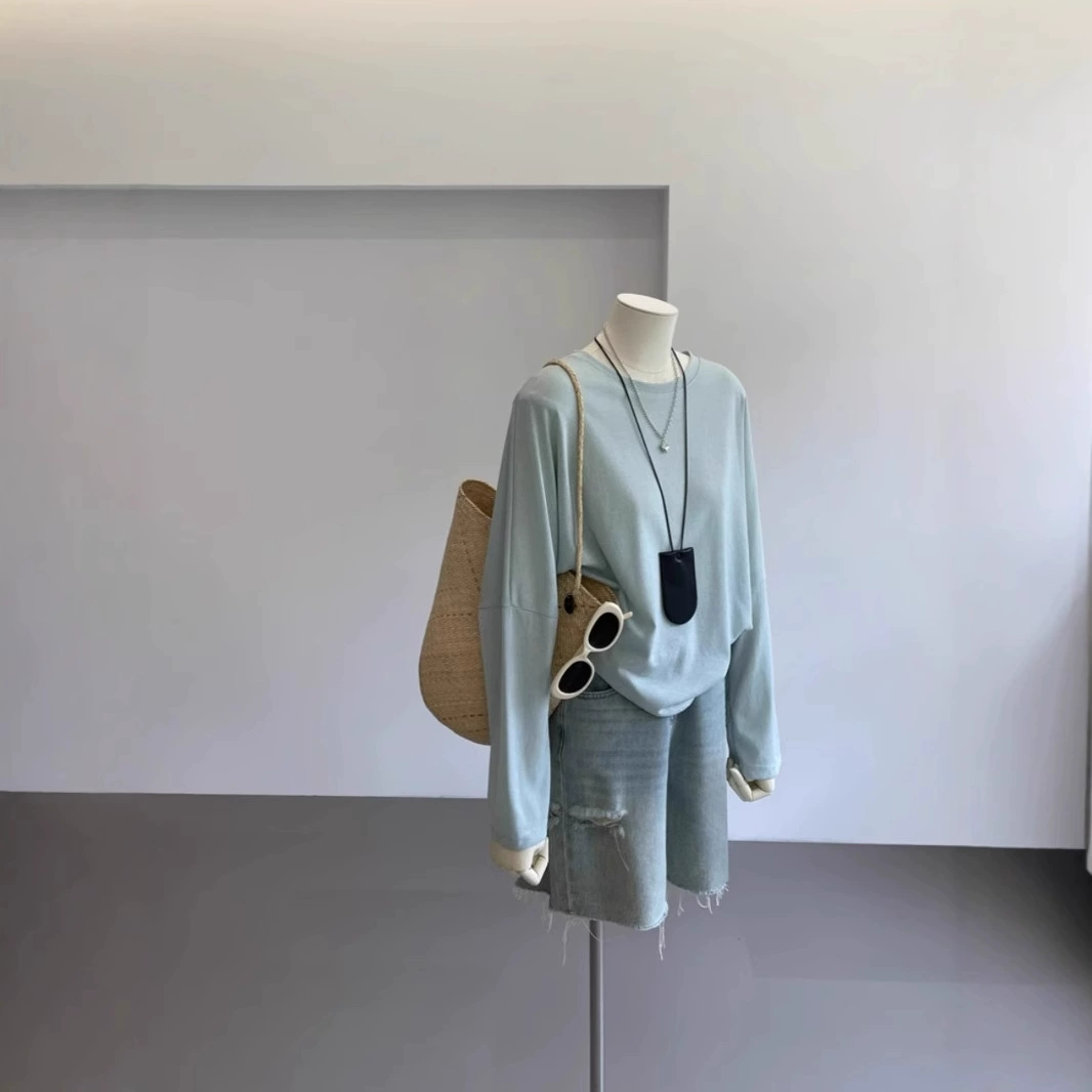 Европейская хлопковая футболка с длинными рукавами женская 2024 осень новая свободная круглая рубашка с нижней рубашкой