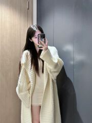 高级感法式复古翻领长款毛衣高个子针织宽松慵懒风外套春秋厚开衫
