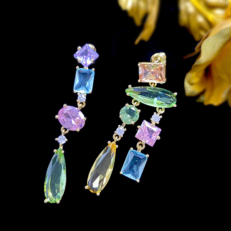 Party Occasion Copper Material 1 Pair Shiny Oval Water Droplets Rectangle Asymmetrical Inlay Copper Crystal Drop Earrings