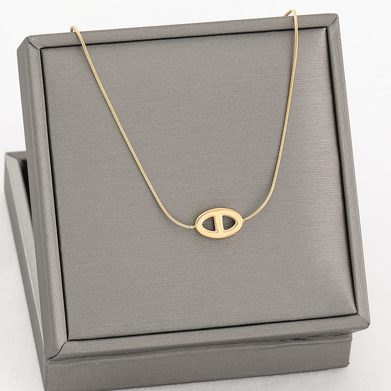 1 Piece Simple Style Oval Titanium Steel Inlaid Gold Necklace_colorza_3