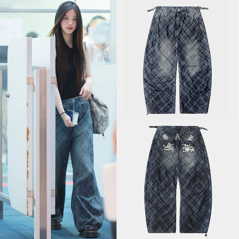 Minju Park Min-Joon's Same Style Badblood Bcac Series Plaid Jeans Women's Casual Loose Wide-Leg Pants