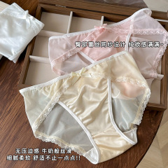 一眼心动~甜美冰丝内裤女高级缎面舒适抗菌棉裆网纱三角裤女薄款