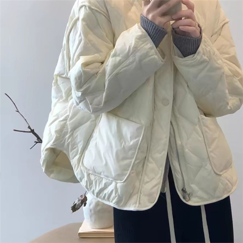 白鸭绒轻薄羽绒服女短款冬季欧货小个子菱格棒球服宽松面包服外套