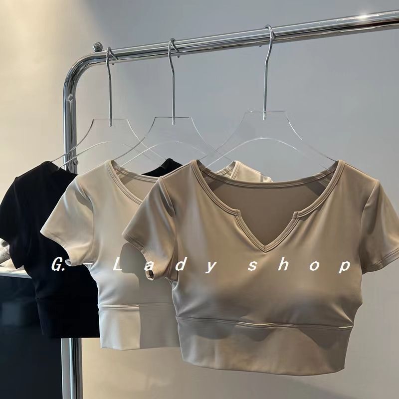 Summer New Style Pure Color V-neck Short-sleeved T-shirt Women's Sports Fitness Yoga Clothes Slim-fit All-match Short Top