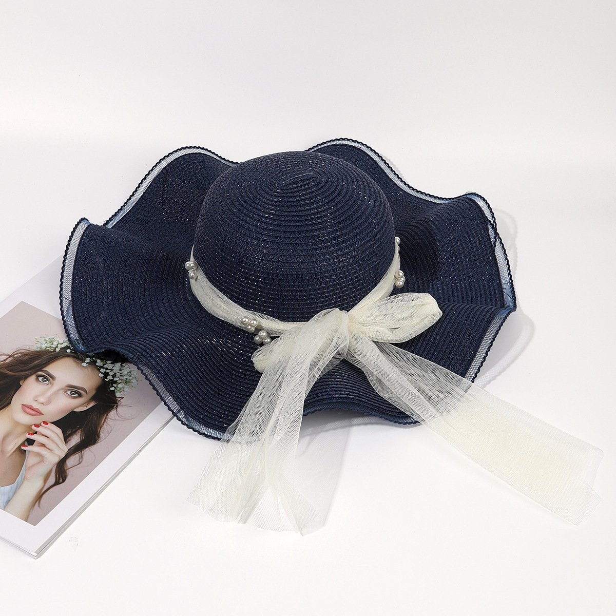 Sombrero de paja de viaje de verano flor sombrero de playa protección solar sombrero de sol ala grande paja tejida a mano arco sombrero de sol