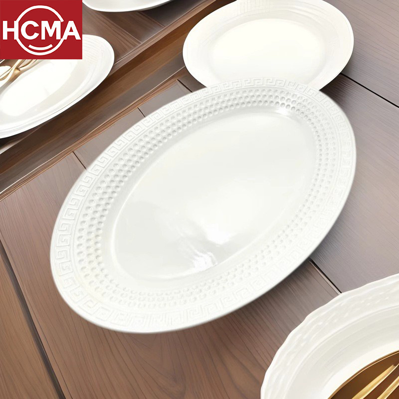 Minimalist White Embossed melamine Plate Advanced Sense Commercial Steamed Fish Plate Oval Plate Hotel Plate Household