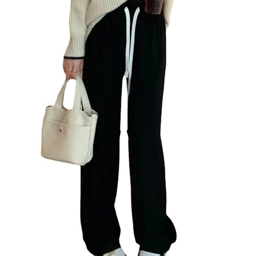 Spring Comfort Cashmere-like Straight Leg Wide Leg Strolling Pants for Women, Hong Kong Style, Elastic Drawstring Long Pants, Casual Floor-Length Pants