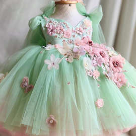 儿童生日礼服裙花童宝宝花仙子网纱公主裙女童高端无袖森系蓬蓬裙