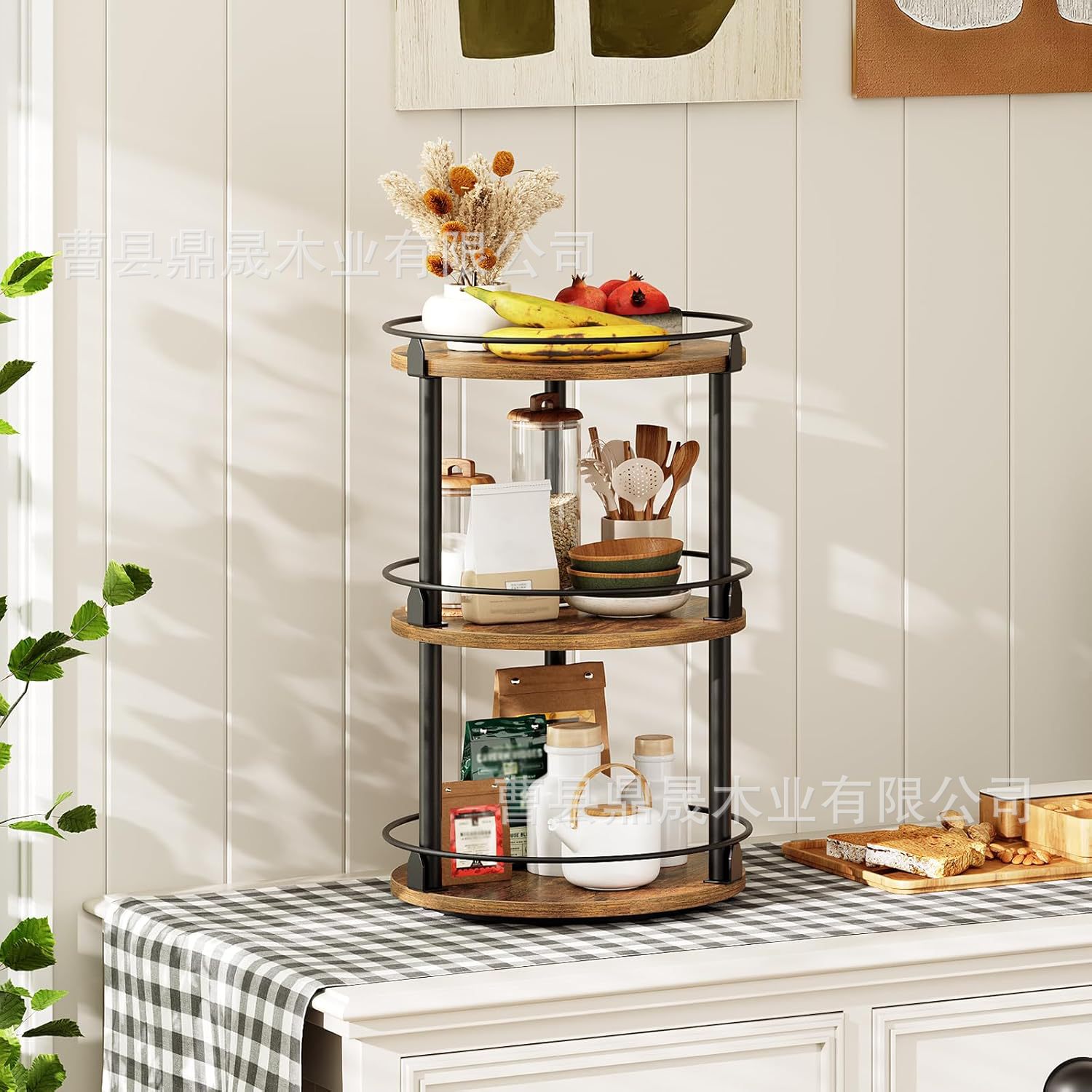 Wooden rotatable kitchen seasoning jar sorting rack Double-layer oil, salt, sauce, vinegar storage rack Coffee, milk, tea, storage rack