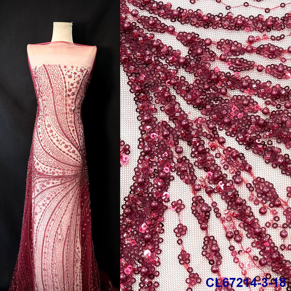 法式复古满幅泡珠褶皱绣婚纱蕾丝面料 连衣裙礼服装网纱绣批发