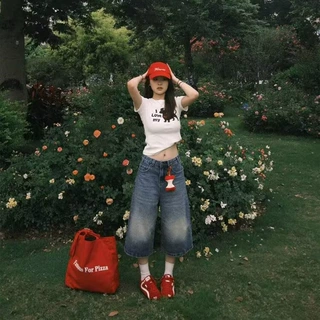 美式休闲牛仔七分裤女夏季复古设计感潮流小个子显瘦直筒阔腿裤子
