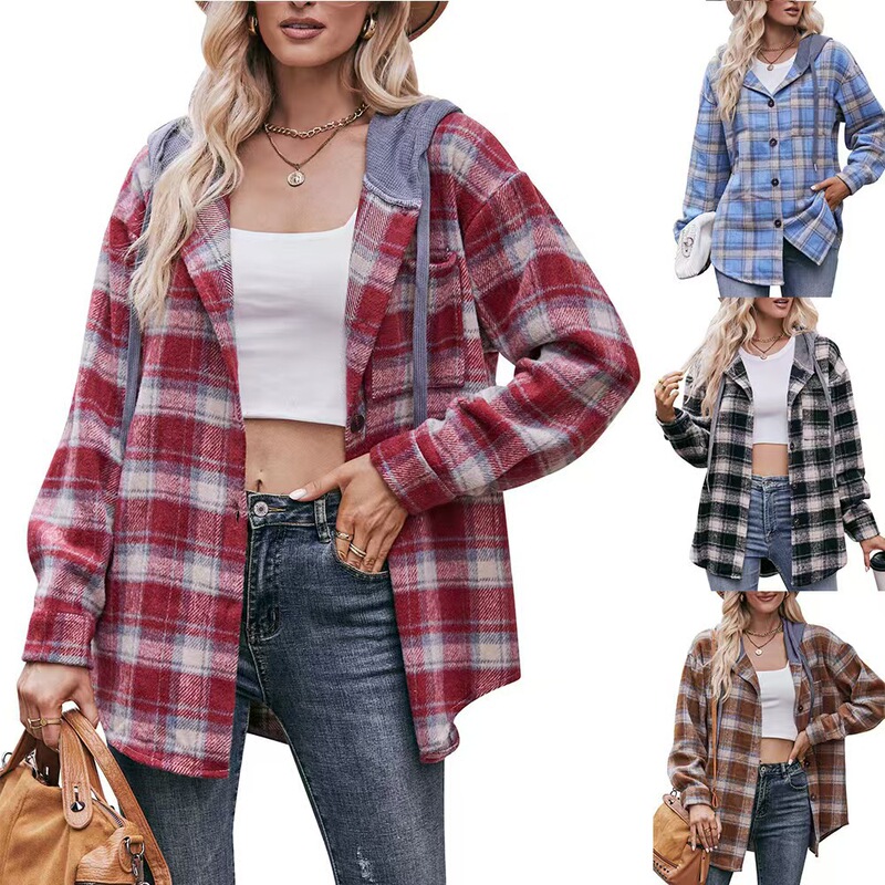 Cross-border Europe and the United States autumn and winter women's fashion geometry casual shirt plaid hooded coat flannel cardigan wholesale