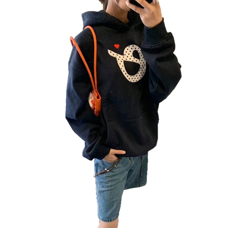 美式复古波点字母刺绣连帽卫衣女秋冬学院风宽松百搭藏青色上衣潮|undefined