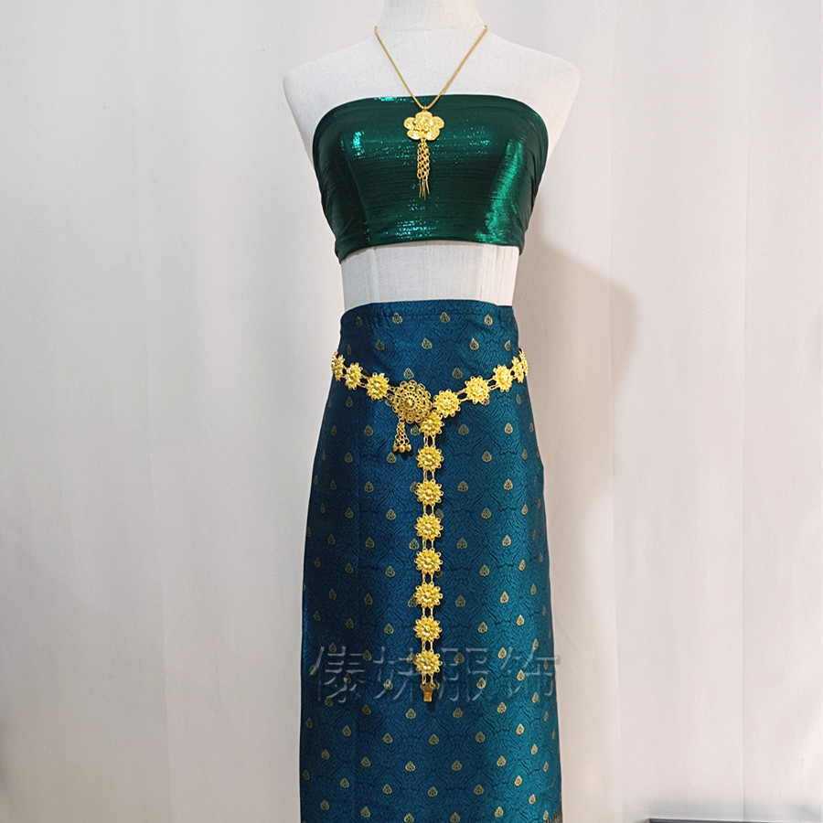 B1 dark green skirt four-piece set including chest-wrapped skirt, belt and necklace
