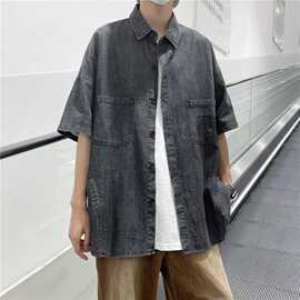 日系复古水洗做旧牛仔衬衫短袖男夏季潮牌ins宽松工装衬衣上衣服