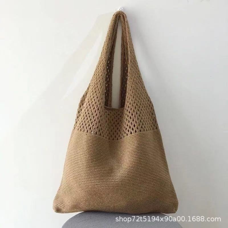 Woven Hollow-Out Large-Capacity Tote Bag for Women, Spring and Summer Shoulder Bag, Beach Vacation Knit Bag, Fashionable and Versatile