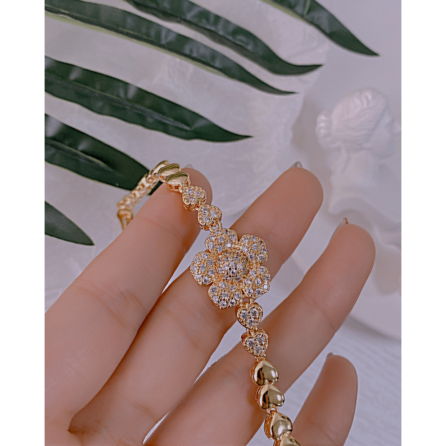 OPK饰品欧美跨境新款流行创意设计爱心拼接镶钻花朵网红铜手链女